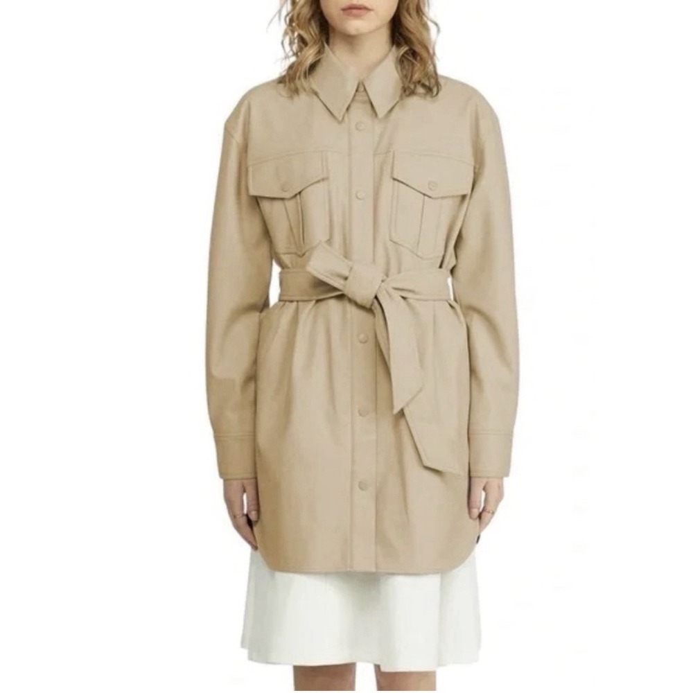 NEW NVLT Anthropologie Beige Vegan Leather Belted Shacket Jacket Coat Utility L